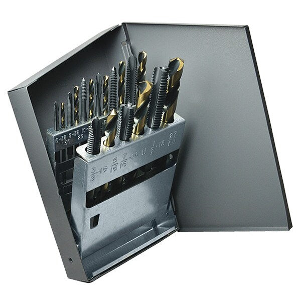 18PC Blk&Gld HD Jobber Dril & Spiral Pnt Tap 18PC Set CLE 1878 HS #36, #29, #25, #21, #7, F, 5/16, U, 27/64