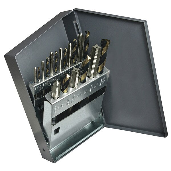 18PC HD Blk&Gld Jobber Drill and Plug Hand Tap Set CLE 1878 HSS #36, #29, #25, #21, #7, F, 5/16, U, 27/64