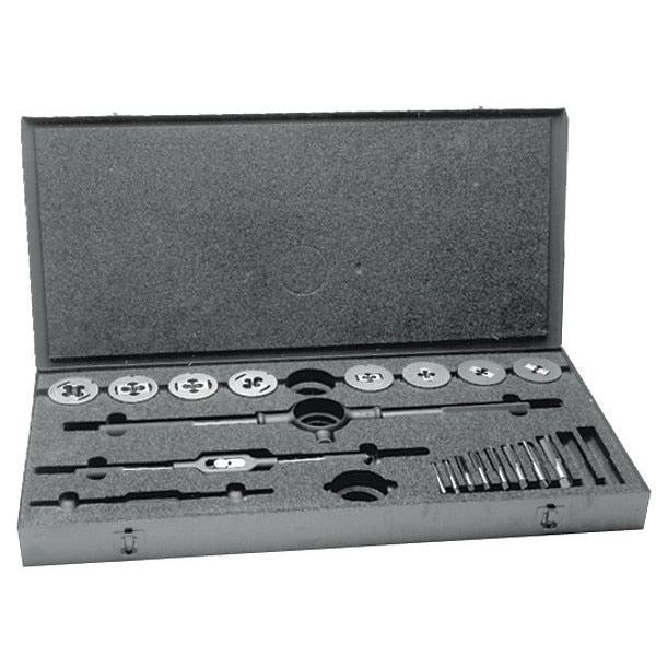 11PC HSS Plug Hand Tap and Carbon Round Adj Die Set 525 Cle-Line 8 Sizes #0-80 To 10-24 UNC and UNF
