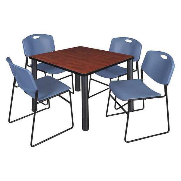 Square Cherry Table/4 Blue Chairs, Square, 36