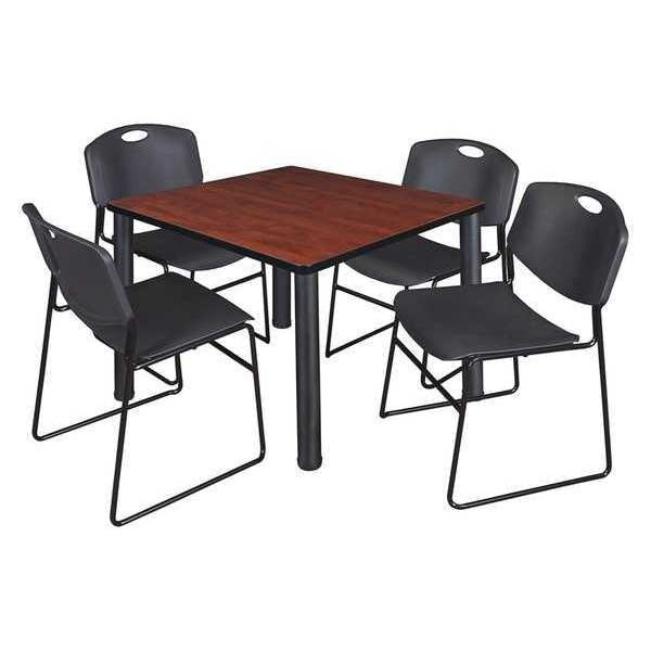 Square Cherry Table/4 Black Chairs, Square, 36