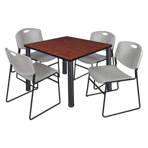 Square Cherry Table/4 Gray Chairs, Square, 36