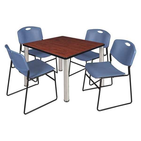 Square Cherry Table/4 Blue Chairs, Square, 36