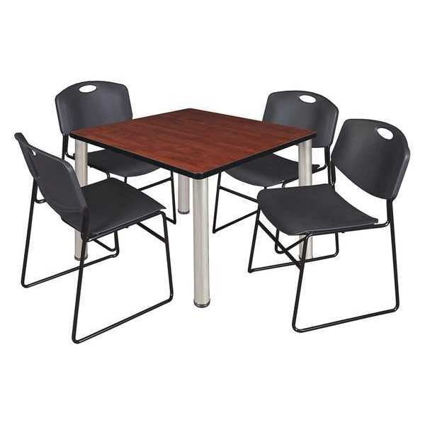 Square Cherry Table/4 Black Chairs, Square, 36