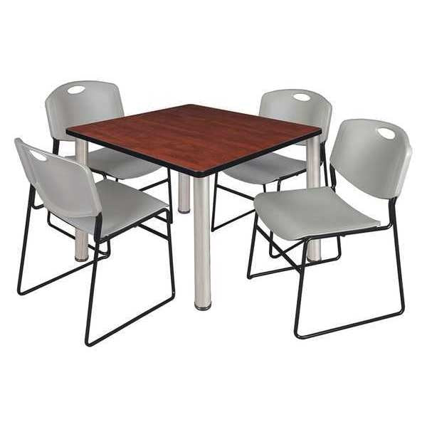 Square Cherry Table/4 Gray Chairs, Square, 36