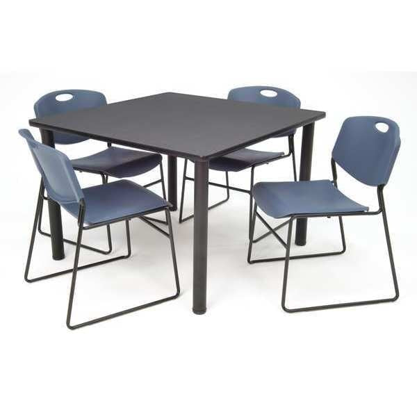 Square Gray Table/4 Blue Chairs, Square, 36
