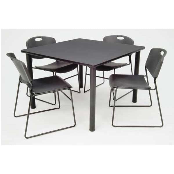 Square Gray Table/4 Black Chairs, Square, 36