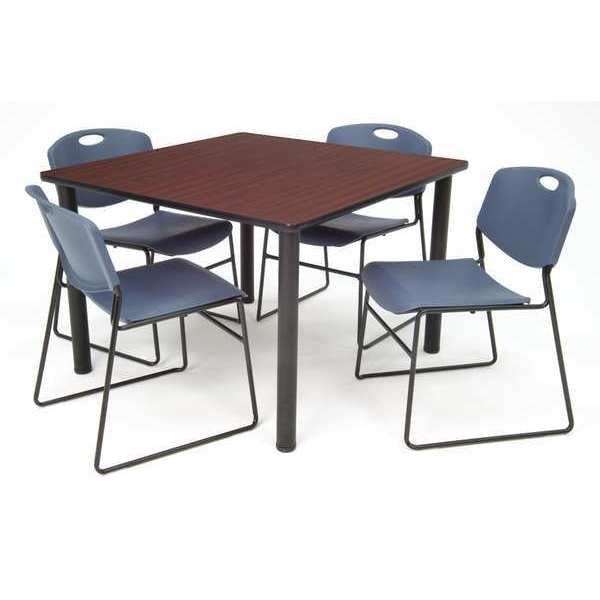 Square Mahogy. Table/4 Blue Chairs, Square, 36