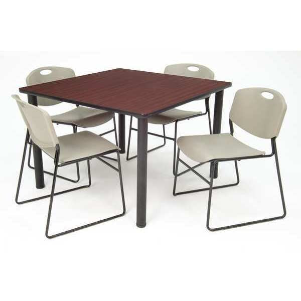 Square Mahogy. Table/4 Gray Chairs, Square, 36
