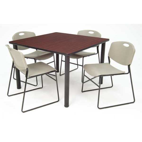 Square Mahogy. Table/4 Gray Chairs, Square, 42