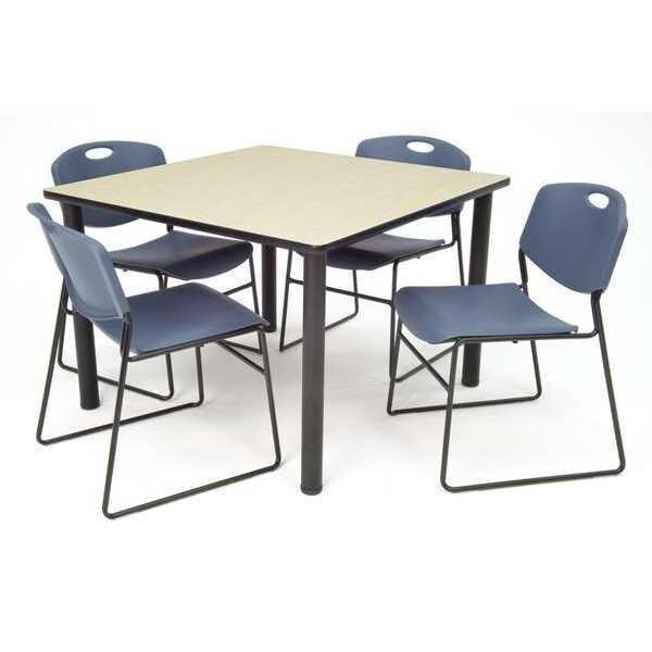 Square Maple Table/4 Blue Chairs, Square, 42