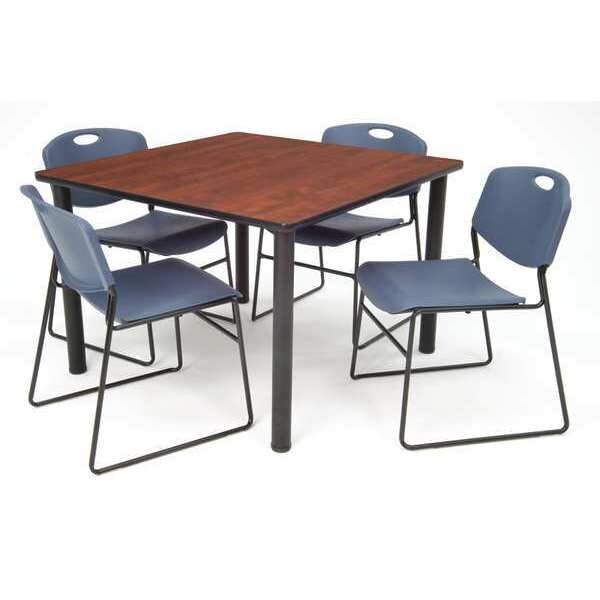 Square Cherry Table/4 Blue Chairs, Square, 42