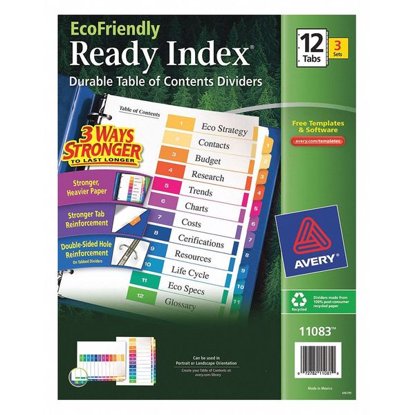 Table of Contents Index Dividers 12 Tab, PK3