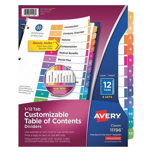 Table of Contents Index Dividers 12 Tab, PK6