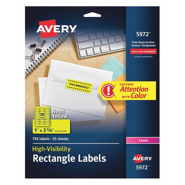 Laser Labels, 1x2-5/8, Yellow, PK750