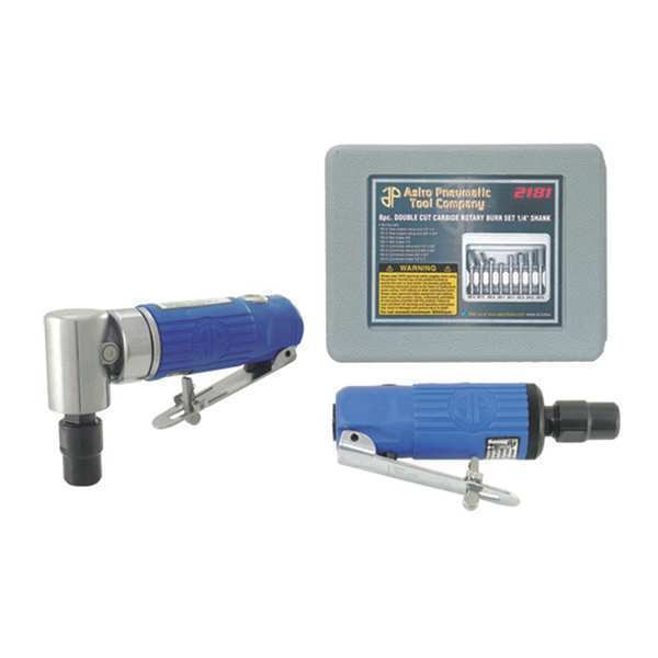 Right Angle Die Grinder Kit, Rotary Burr Set, 8 pcs., 1/4 in Air Inlet, 25,000 rpm