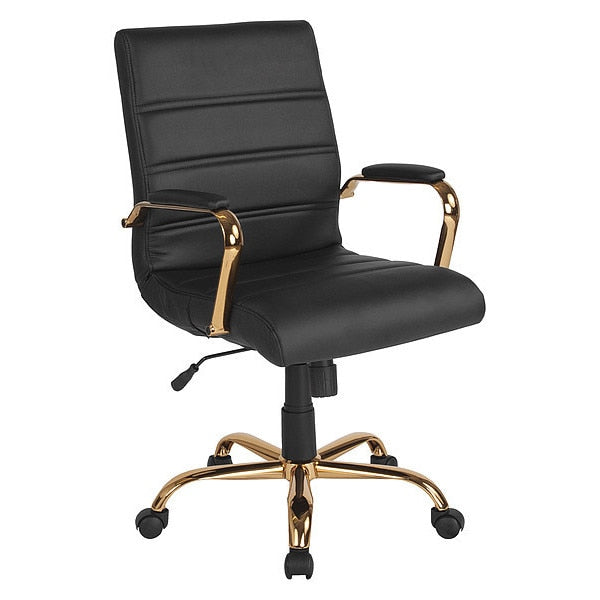 Black Leather Gold Frame Mid-Back Chair