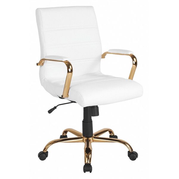 Mid-Back White Leather Swivel Office Chair with Gold Frame and Arms