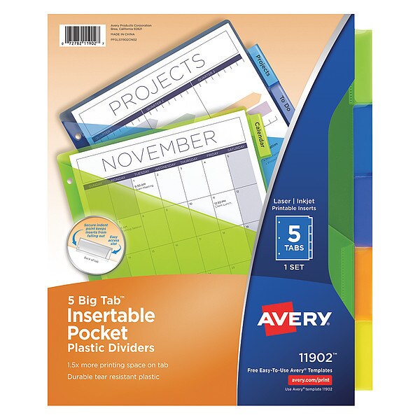 Divider, Plastic Pocket, 5Tb, Assorted, PK5