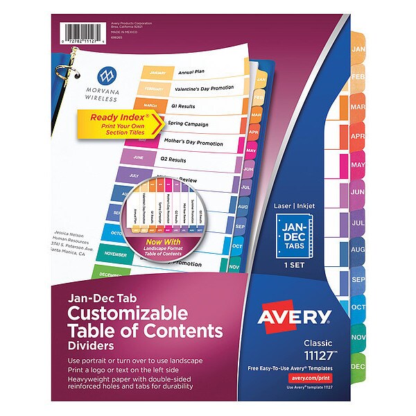 Table of Contents Index Dividers, Monthly Jan-Dec, Assorted, PK12