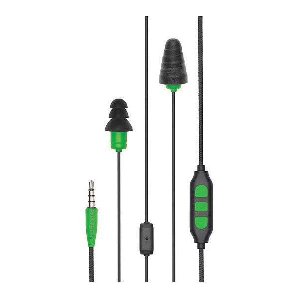 Reusable Corded Ear Plugs, Flanged Shape, 26 dB, 1 Pairs, Black/Green