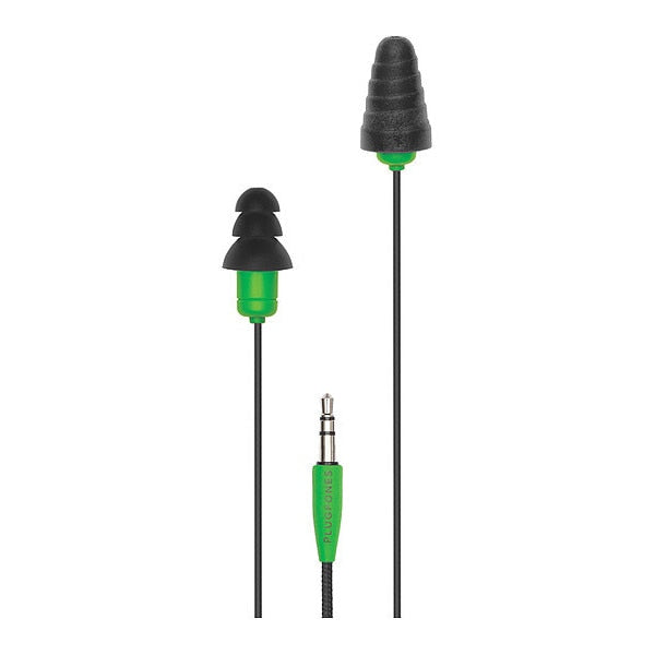 Reusable Corded Ear Plugs, Flanged Shape, 26 dB, 1 Pairs, Black/Green