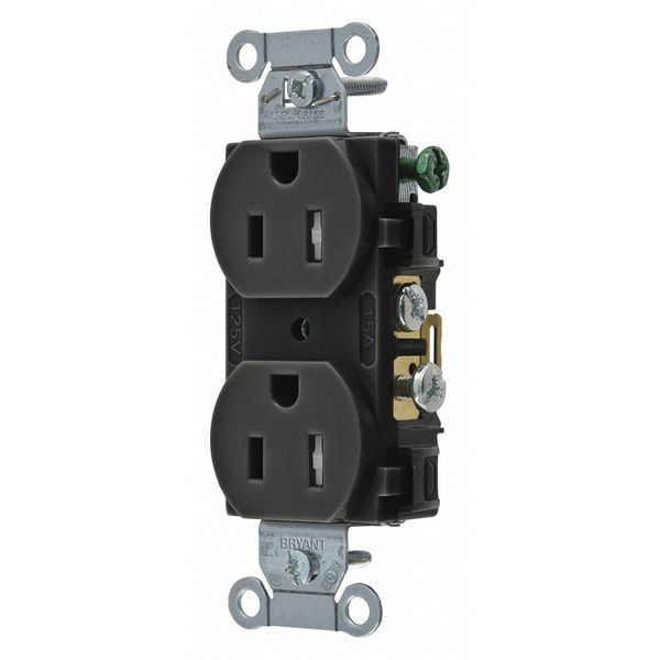 Receptacle, 15 A Amps, 125V AC, Flush Mount, Standard Duplex Outlet, 5-15R, Black