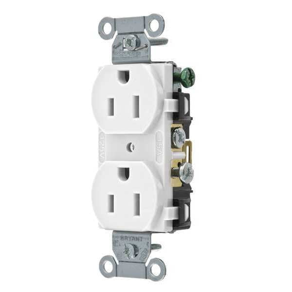 Receptacle, 15 A Amps, 125V AC, Flush Mount, Standard Duplex Outlet, 5-15R, White
