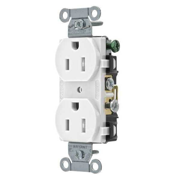 Receptacle, 15 A Amps, 125V AC, Flush Mount, Standard Duplex Outlet, 5-15R, White