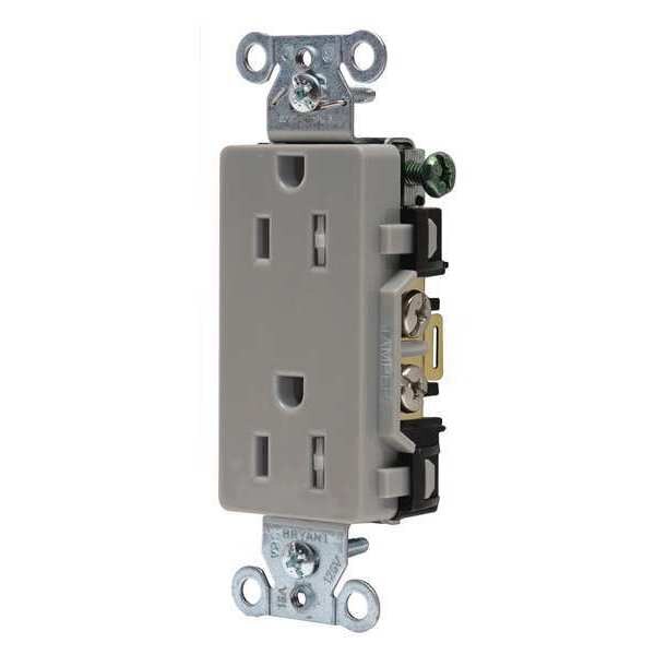 Receptacle, 15 A Amps, 125V AC, Flush Mount, Decorator Duplex Outlet, 5-15R, Gray