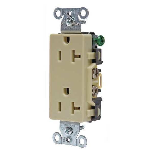 Receptacle, 20 A Amps, 125V AC, Flush Mount, Decorator Duplex Outlet, 5-20R, Ivory