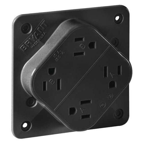 Receptacle, 15 A Amps, 125V AC, Flush Mount, Quad Outlet, 5-15R, Black