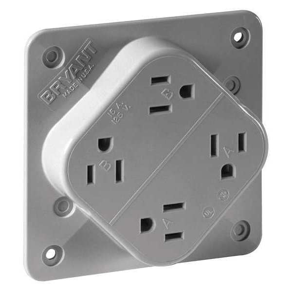 Receptacle, 15 A Amps, 125V AC, Flush Mount, Quad Outlet, 5-15R, Gray