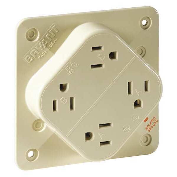 Receptacle, 15 A Amps, 125V AC, Flush Mount, Quad Outlet, 5-15R, Ivory