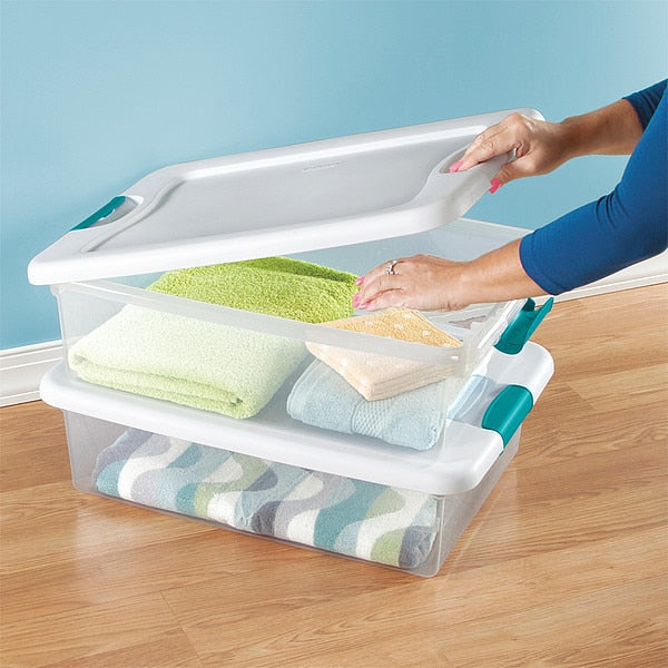 8 gal Storage Tote, Clear/White, Polypropylene, 23 3/4 in L x 16 in W x 6 7/8 in H