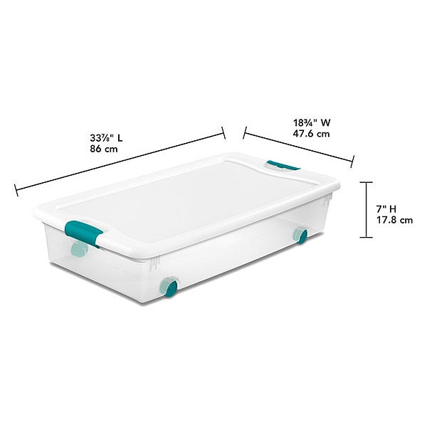 Storage Tote, Clear/White, Polypropylene, 33 7/8 in L, 18 3/4 in W, 13 in H, 106 qt Volume Capacity