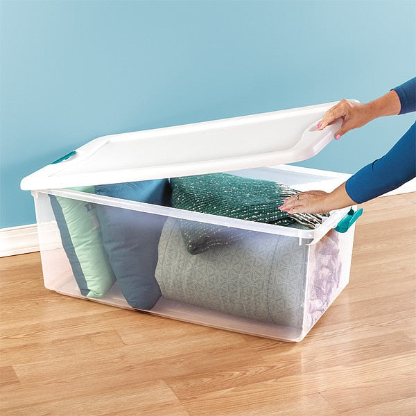 Storage Tote, Clear/White, Polypropylene, 33 7/8 in L, 18 3/4 in W, 7 in H, 14 gal Volume Capacity