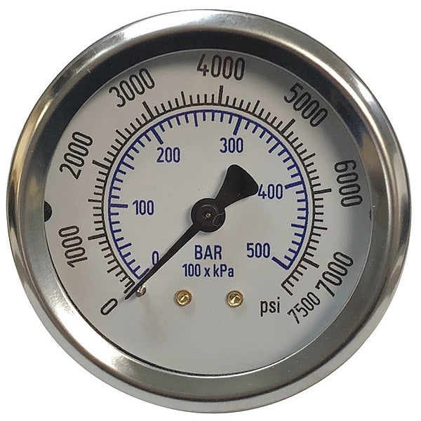 Pressure Gauge, 0 to 10,000 psi, 1/4 in MNPT, Stainless Steel, Silver