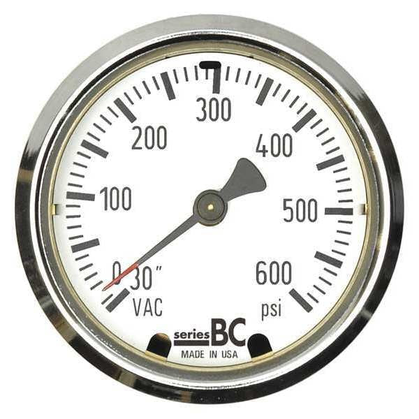 Pressure Gauge, 0 to 600 psi, 1/4 in MNPT, Stainless Steel, Black