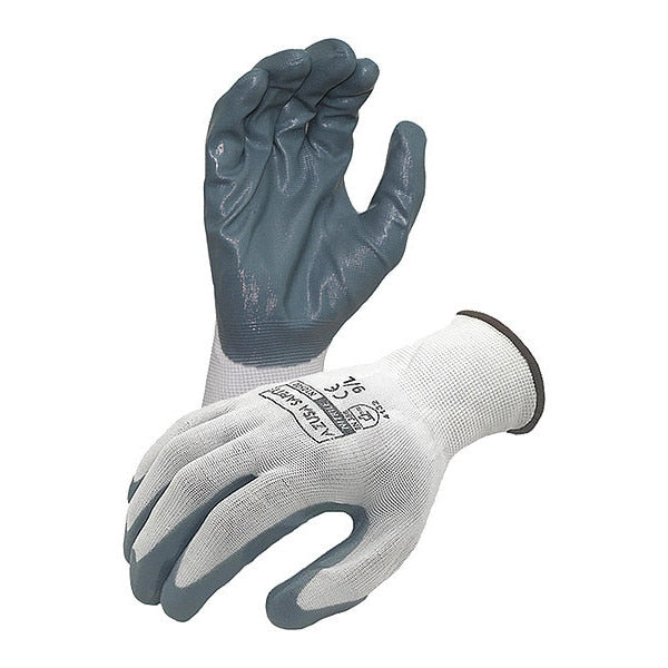 Economy 13 ga. White Nylon Gloves, Gray Flat Nitrile Palm Coating, XS