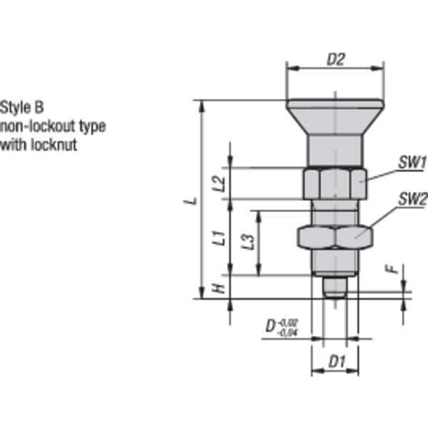 Indexing Plunger D1= 3/8-24, D=5, Style B, Non-Lockout w Locknut, Stainless Steel Not Hardened