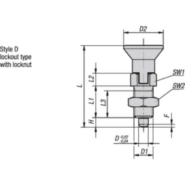 Indexing Plunger D1= 1/4-28, D=3, Style D, Lockout Type w Locknut, Stainless Steel Not Hardened