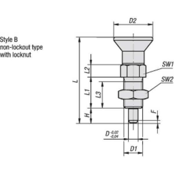 Indexing Plunger, Size: 3, D1= M16X1.5, D=8, Style B, Non-Lockout W. Locknut, SS Not Hardened