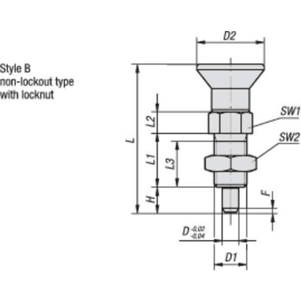 Indexing Plunger, Size: 5, D1= M24X2, D=16, Style B, Non-Lockout W. Locknut, SS Not Hardened