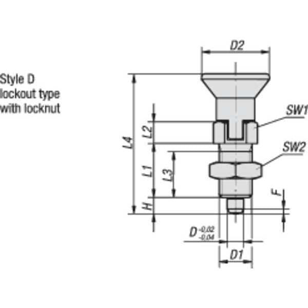 Indexing Plunger, All SS, Size: 4 D1= 3/4-10, D=10, Style D Lockout Type W Locknut, Pin Not Hard
