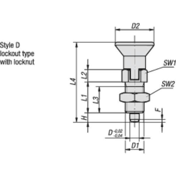 Indexing Plunger, All SS, Size: 4 D1= 3/4-16, D=12, Style D Lockout Type W Locknut, Pin Hard