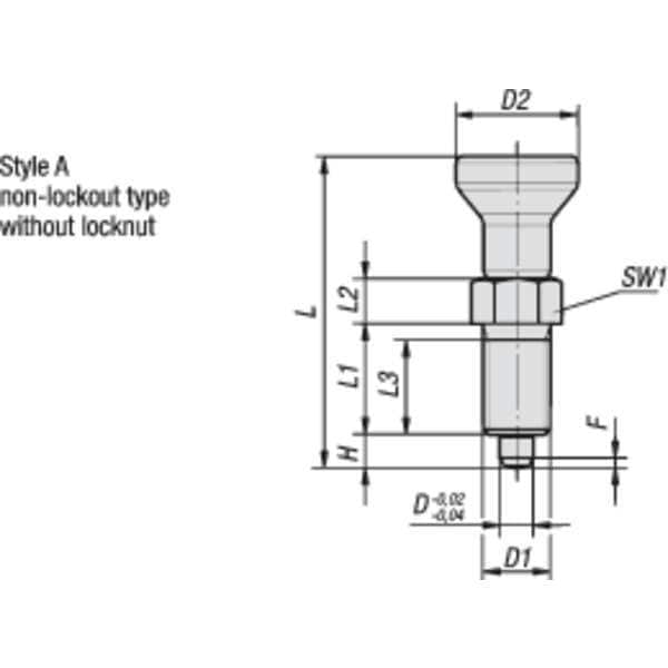 Indexing Plunger, All SS, Size: 5 D1= 1-8, D=16, Style A Non-Lockout WO Locknut, Pin Not Hard