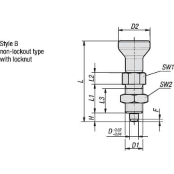 Indexing Plunger, All SS, Size: 2 D1= 1/2-13, D=6, Style B Non-Lockout W Locknut, Pin Not Hard