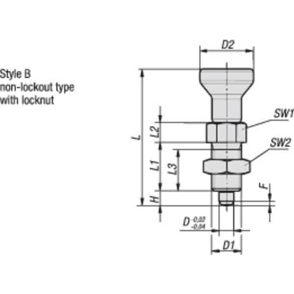 Indexing Plunger, All SS, Size: 9 D1= M06X0, 75, D=3, Style B Non-Lockout W Locknut, Pin Hard
