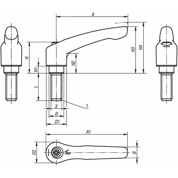 Adjustable Handle, Modern Design, Sz. 3, M08X55, Die Cast Zinc Orange RAL 2004, Comp: Steel